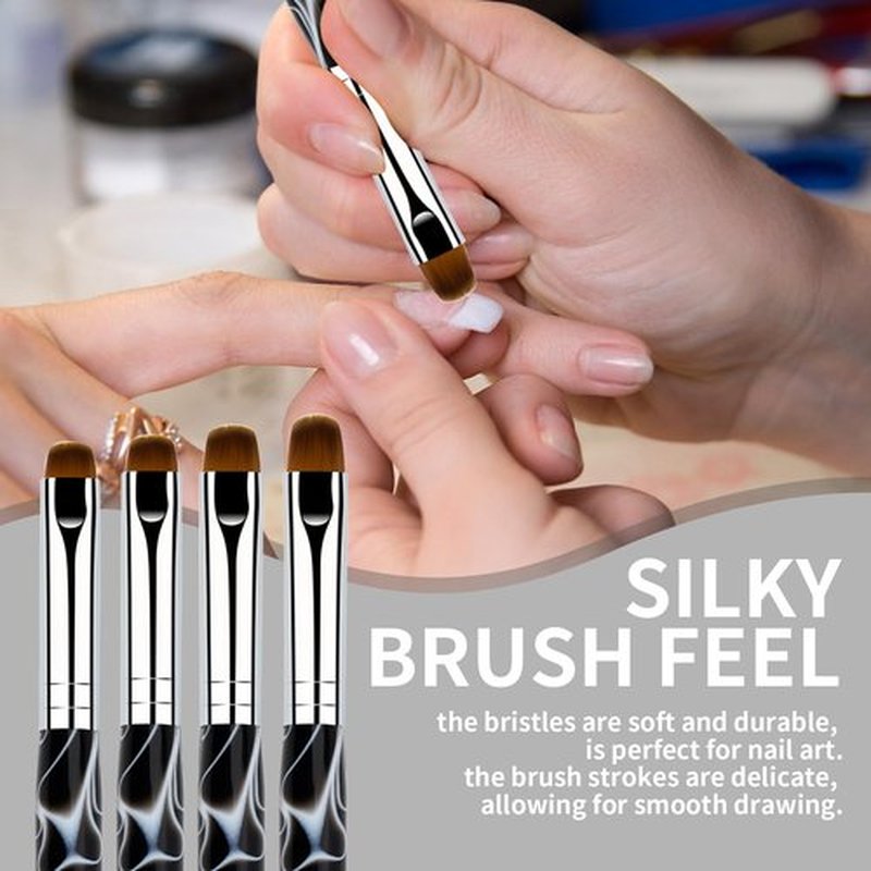 4PCS French Manicure Brush, Two Way Nail Art Brush with Dotting Tool for Cuticle Clean Up & Nail Art Design, French Nail Brush Professional Salon (Black)