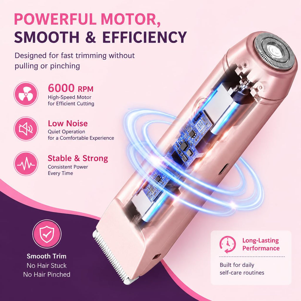 Bikini Trimmer for Women, 2-in-1 Electric Razor with Ceramic Trimmer & Rotary Shaver, IPX7 Waterproof Wet/Dry Women’s Body Shaver, USB-C Rechargeable Razor for Bikini Line, Legs, Underarms