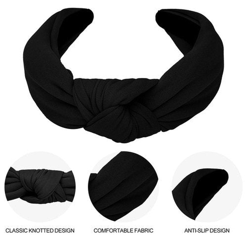 CURASA Headbands for Women Girls Non Slip Knotted Headband Wide Preppy Fashion Hairband Black Top Knot Hair Accessories Fabric Comfortable Hair Bands Elastic Head Bands Costume Party Gifts
