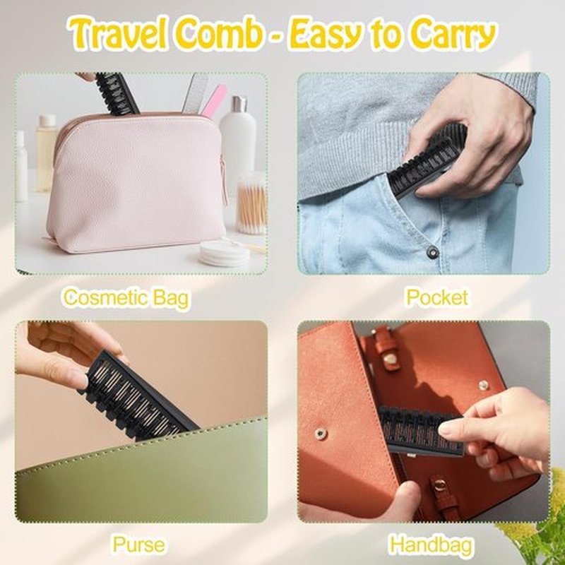 Skiennix Portable Travel Folding Hair Comb - Mini Pocket Brush with Double-Headed Anti-Static Design | 12 Pcs Black