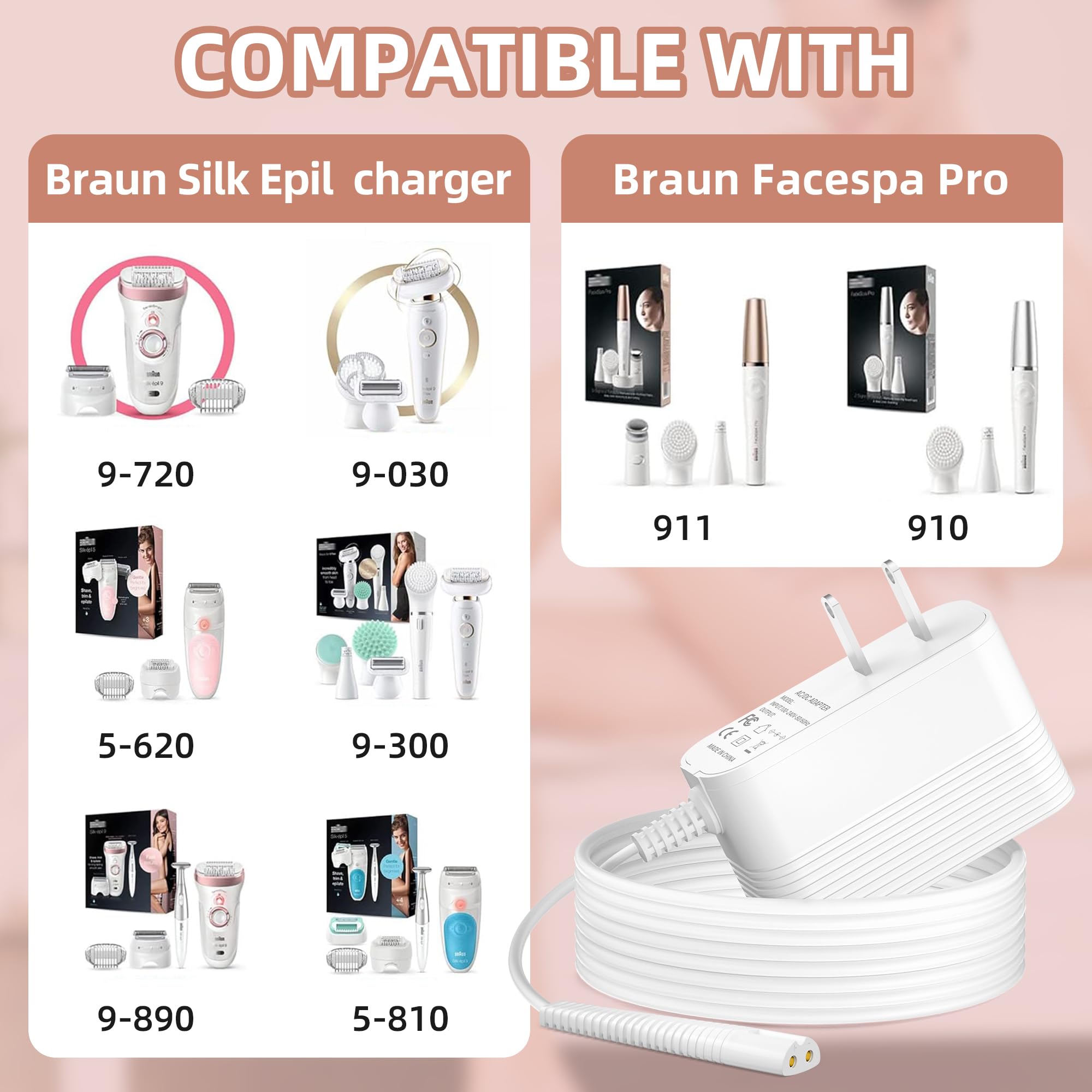 Power Charger Compatible with Braun Epilator Silk 9 9 7 5 9-720 9-300 9-890 9-030 9-880 5-810 5-620 and Face Epilator Facespa Pro 910 911 921 Power Adapter