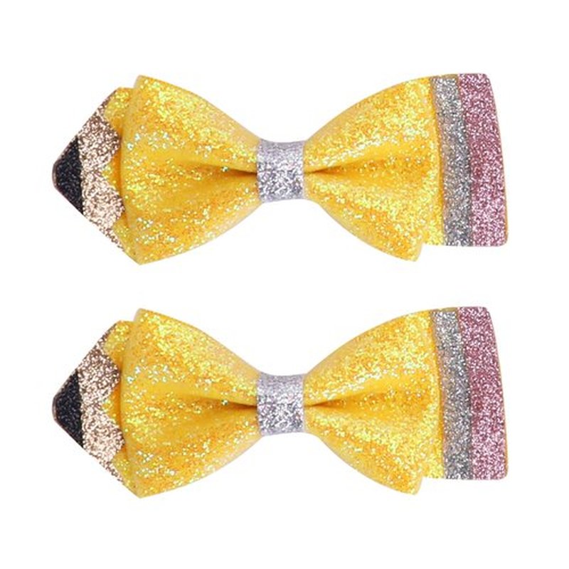 Back To School Hair Bows, Glitter Pencil Hair Clips, Non Slip Alligator Clips Sparkly First Day of School Bows Hair Accessories for Girls, Yellow