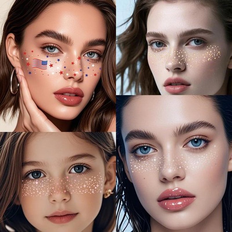 Boko 10Pcs Patriotic Temporary Tattoos, Red White Blue Independence Day Freckle Tattoos for Freckle Makeup, Waterproof Fake Freckles Makeup Patches for 4th of July Memorial Day Veterans Day Flag Party