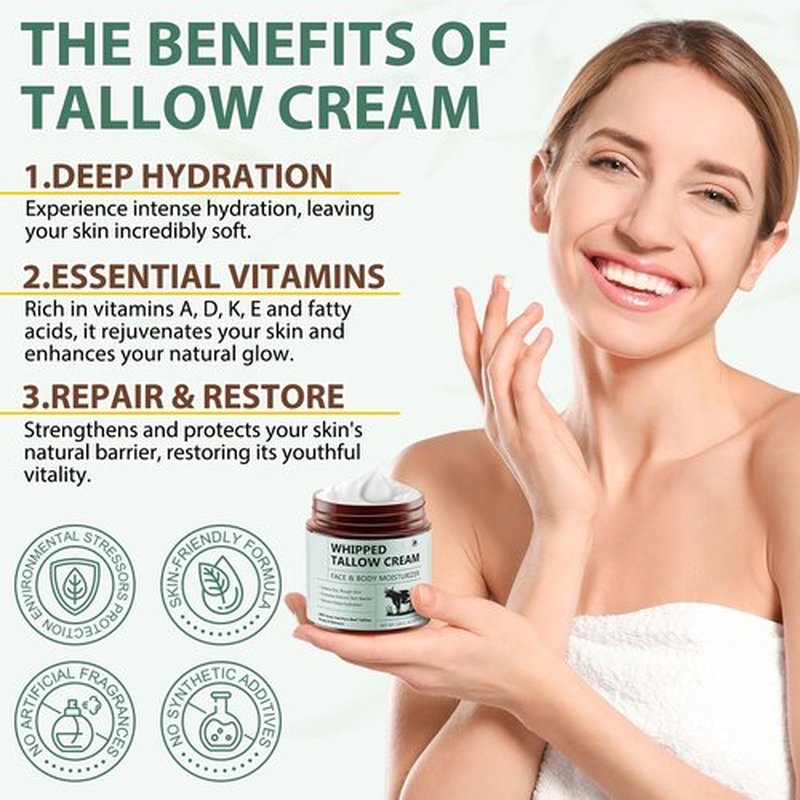 FlameBeauty Whipped Beef Tallow for Skin - 100% Grass Fed Pure Beef Tallow with Honey, Natural Moisturizing Cream for Face and Body, Deep Hydration Softens Dry Skin, Nourishing Tallow Cream 4.2 Oz
