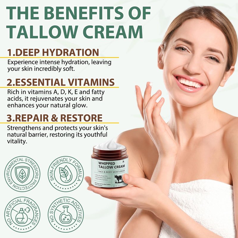 XIAMOFUZHOU Beef Tallow for Skin - 100% Natural Grass-Fed Pure Whipped Beef Tallow and Honey Moisturizer Cream for Face & Body Enhance Whole Body Deep Hydration & Dry Aging Sensitive Skin Care 4.2 oz