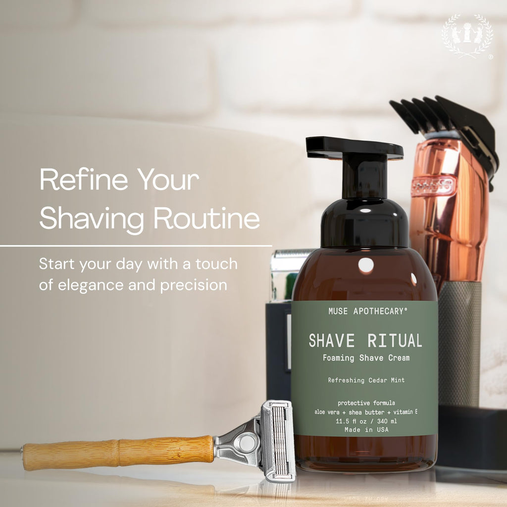 Muse Apothecary Foaming Shave Ritual - Natural Shaving Cream Sensitive Skin - Womens Shaving Cream Mens Shave Cream - Protective Formula Aloe Vera + Shea Butter + Vitamin E - 11.5oz