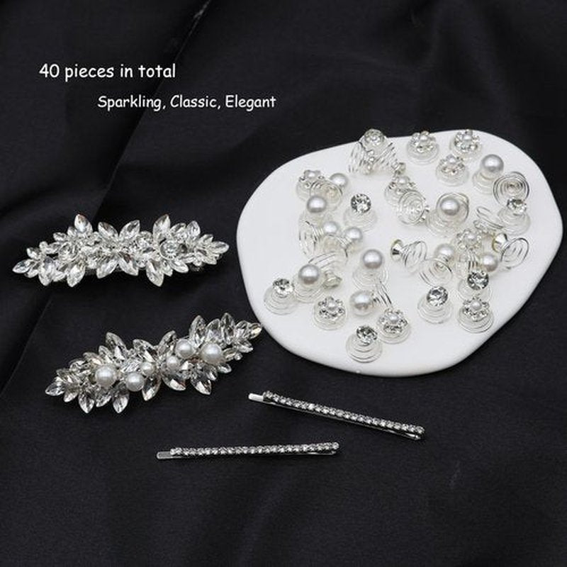 40 Pieces Rhinesetones Hair Clips, Include 4 Piece Crystal Hair Pins and 36 Pieces Spiral Hair Gems, Swirl Diamond Pearl Hairpins Flower Sparkling Hair Accessories for Wedding,brides, Party, Prom