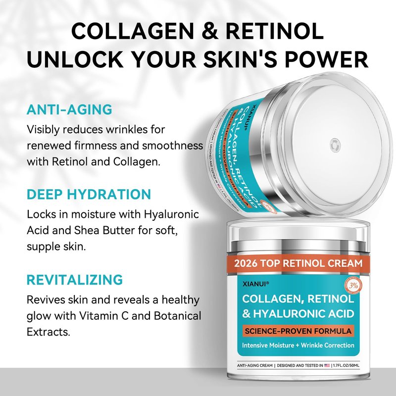 XIANUI Retinol Face Cream with Collagen & Hyaluronic Acid - Anti Aging & Firming Face Moisturizer for Women & Men - Wrinkle Reduction Night & Day Cream, 1.7 Fl Oz