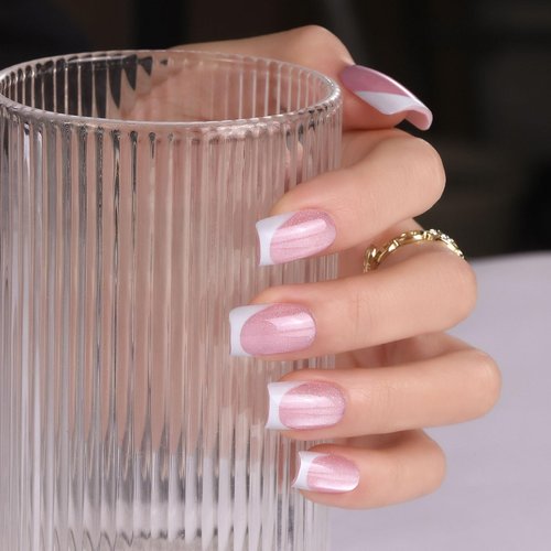 Jsiallye Cat Eye Press On Nails,160Pcs Pink Glitter Base French Tip Cat Eye Short Square Press On Nails,Salon Quality Fake Nails Soak Off Soft Gel Nail Tips Extension For 16 Sizes