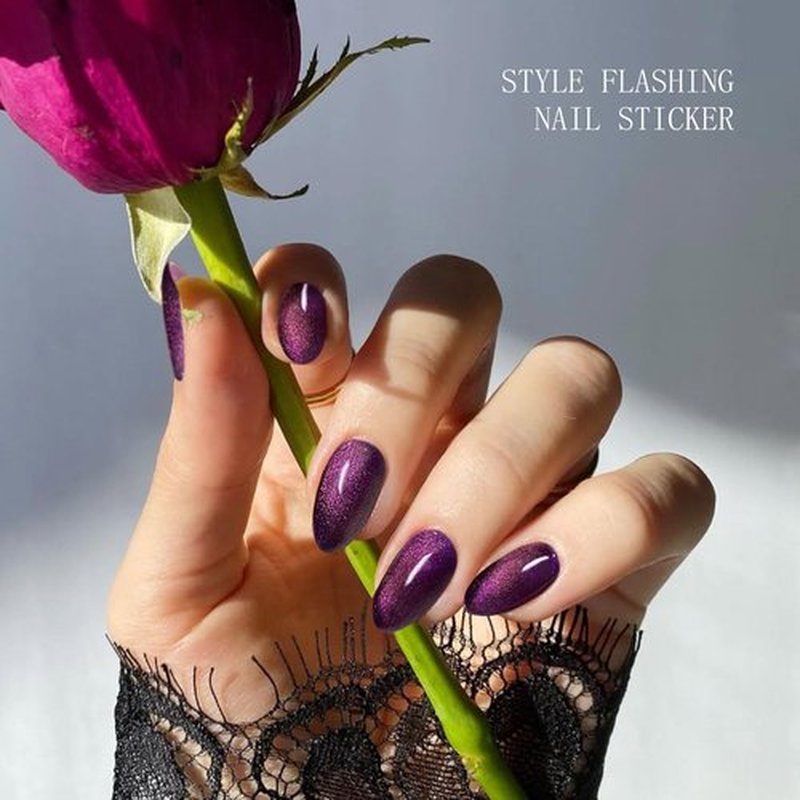 JMEOWIO Gel Nail Stickers Deep Purple Cat Eye Semi Cured Gel Nail Strips Wraps UV/LED Nails Art Design Decoration Accessories