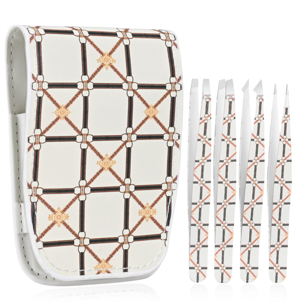 COSHAYSOO Aesthetic Tweezers Set for Women Facial Hair in Plaid Leather Case European Travel Summer Vacation Essentials, Female Coworker Beauty Gifts Eyebrow Ingrown Hair Splinter Removal Grooming Kit