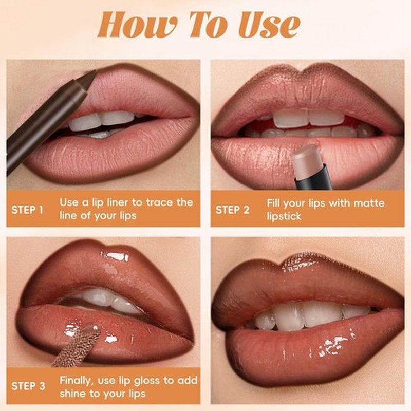 Noerrors Juicy Nude Lip Kit - Matte Lipstick, Nourishing Gloss & Brown Liner | Moisturizing Trio for Women