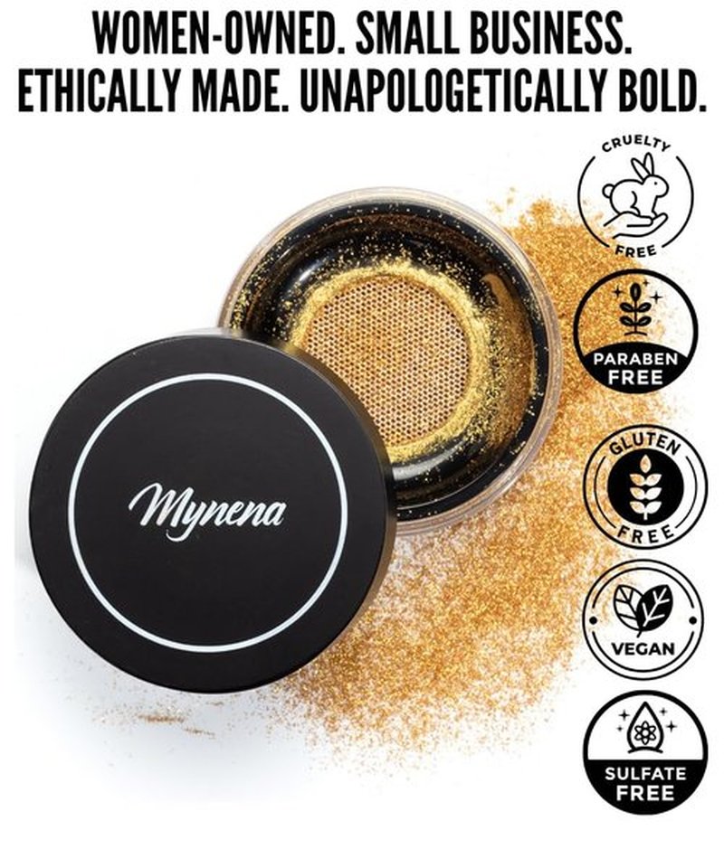 Mynena Golden Face Highlighter & Body Shimmer Powder | Ultra-Fine Buildable Loose Powder for Wet or Dry Application | Gold
