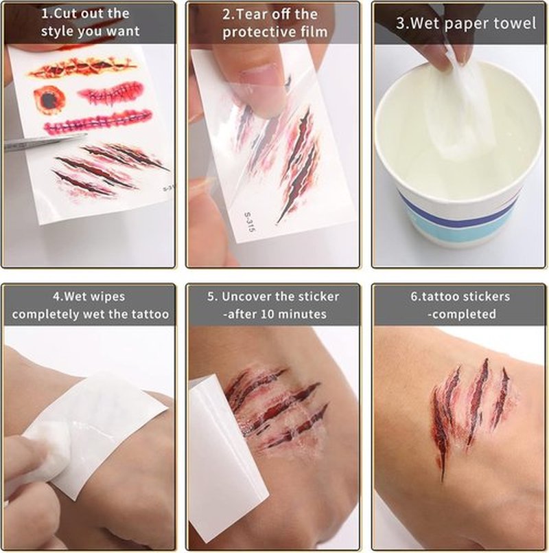 Halloween Scar Tattoos 30 Sheets Halloween scar tattoos Stickers with Fake Scab Blood,zombie tattoo,halloween scar makeup,halloween face stickers Zombie Fake Injury Wound for Halloween Costume