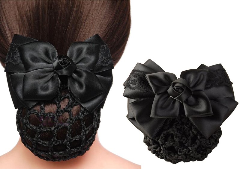 Women Bowknot Snood Net Barrette Hair Clip Bun Cover Hairnet Satin Bow Barrette French Hair Clips Ribbon Flower Hair Accessories for Stewardess Banks Hotels Restaurant Staff (Black)