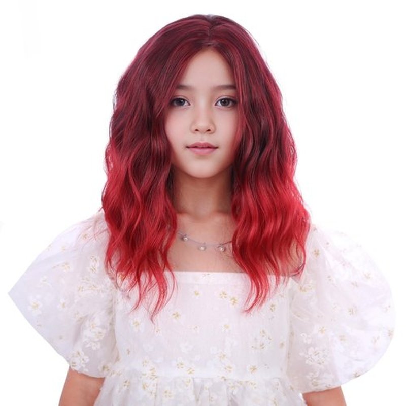 Edivd Kids Red Ombre Wig Short Wine Red Wavy Curly Wig for Girls Side Part Wigs for Children Heat Resistant Synthetic Wigs with Cap