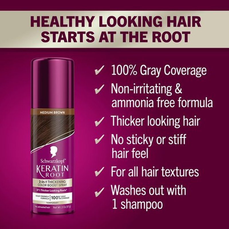 Schwarzkopf Keratin Color Root Temporary Hair Color Spray, Medium Brown, Instant Gray Coverage, Thicker, Fuller-Looking Roots, Easy-to-Use, No Ammonia, Low Mess Application, Scalp Friendly