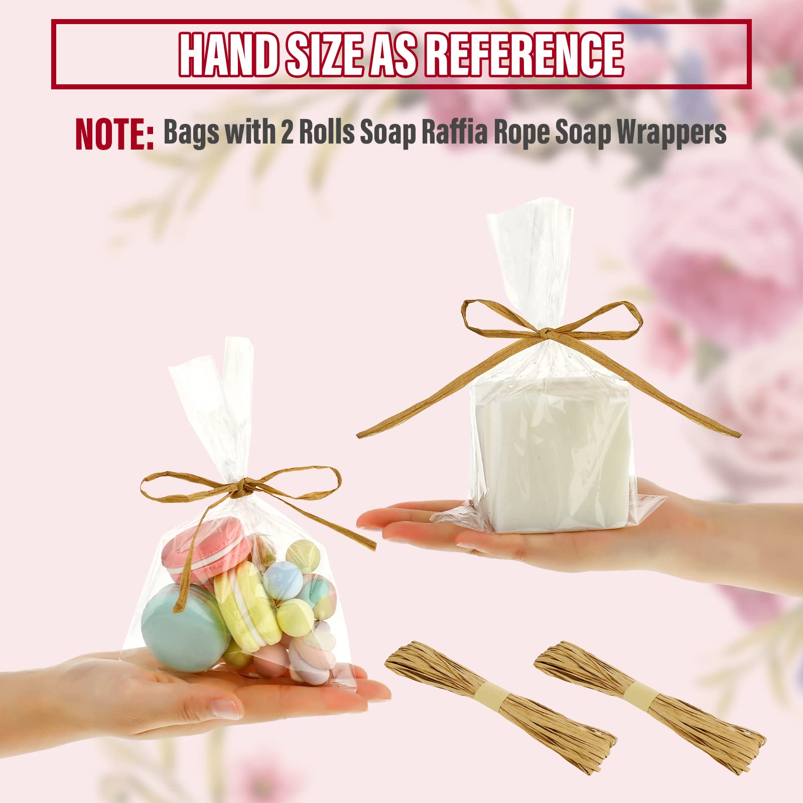 Tudomro 100 Pcs Clear Soap Bags for Homemade Packaging 5'' x 8'' Flat Cellophane Wrappers Bags with Raffia Rope for Soap Bar Making Supplies Wedding Craft Gift Birthday Party Favor