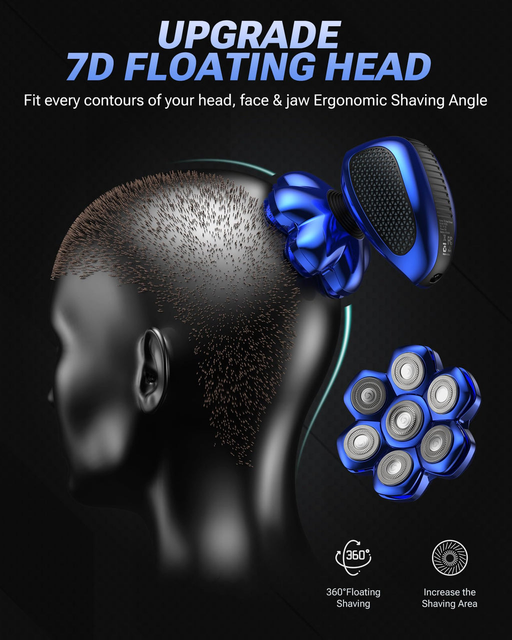 Feysfew Head Shaver for Bald Men, 7D Floating Electric Razor, Close Smooth Shave for Head, Flexible Heads, Replaceable Blade, IPX7 Waterproof Wet Dry Use, LED Display, USB Charging Gray