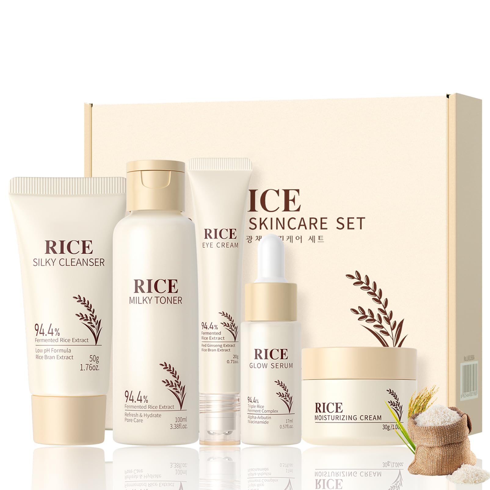 5PCS Rice Skin Care Set for Women & Teen Girls – Facial Kit for Women with Cleanser, Toner, Serum, Eye Cream & Face Cream – Travel Size Skincare Set Soothing & Moisture-Locking Daily Skincare Gift Set