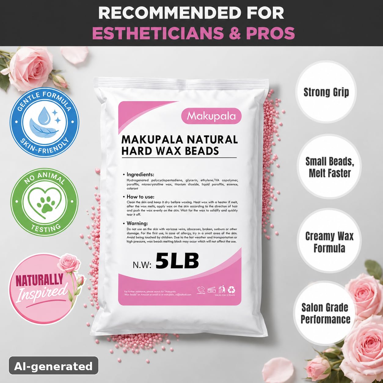 Makupala 5LB Hard Wax Beads for Hair Removal, Professional Bulk Brazilian Wax for Sensitive Skin, Stripless Creamy Wax with Rose Scent for Bikini, Face, Underarm & Full Body, Salon & Home Use