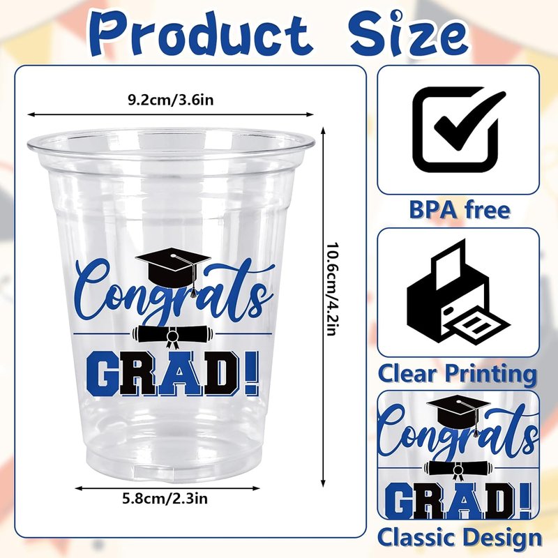 Whaline Graduation Plastic Cups - 50 Pcs 12 Oz Congrats Grad in Black & Blue | Perfect for Class of 2026 Party Decor