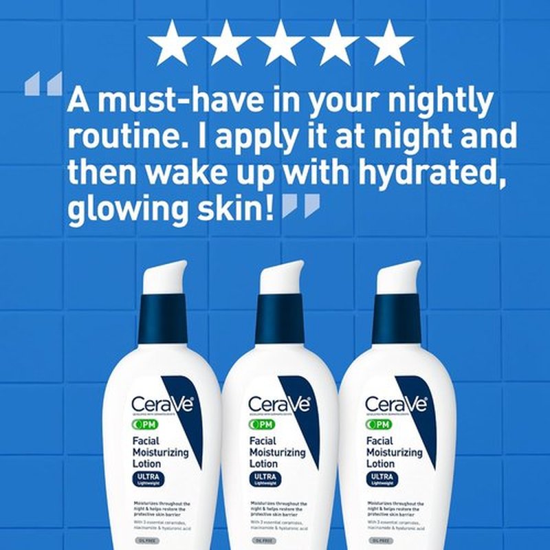 CeraVe PM Facial Moisturizing Lotion - Ultra-Lightweight Night Cream with Hyaluronic Acid & Niacinamide | 3 Oz