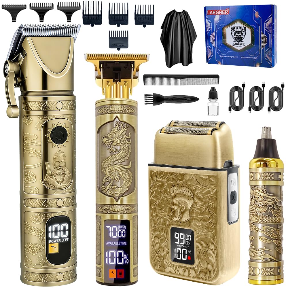 Hair Clippers for Men Professional, Beard Trimmer Kits & Sets, Cordless Mens Hair Trimmer, Electric Shavers, Haircutting Machine with LED Display (Bronze-4in1)