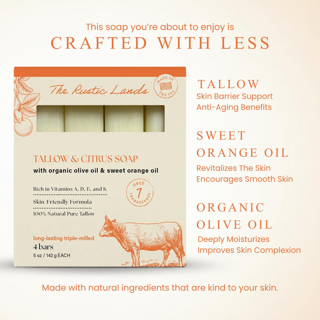 THE RUSTIC LANDS Beef Tallow Soap Bars – Natural Moisturizing Bar Soap with Citrus Scent – Gentle Soap for Sensitive Skin Face & Body – Made in USA – Tallow & Citrus Soap - 4 Pack (5 oz Each)