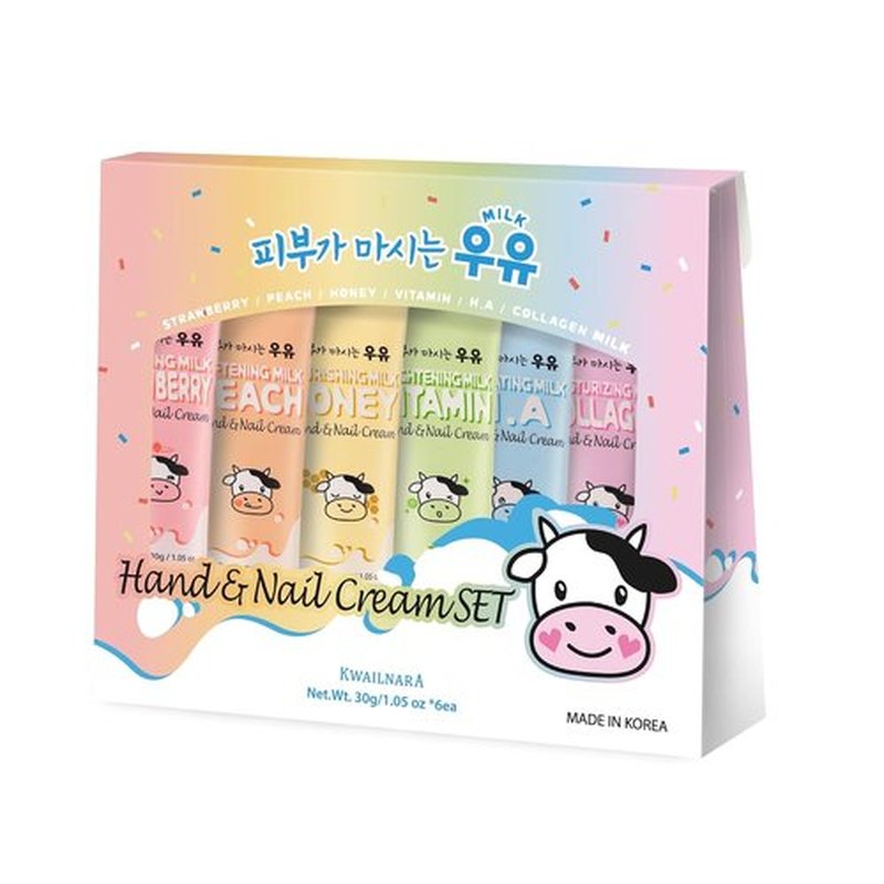 KWAILNARA Milk Hand & Nail Cream Gift Set - Nourishing K-Beauty Variety Pack | 6 Scents: Strawberry, Peach, Honey, Vitamin, Hyaluronic & Collagen