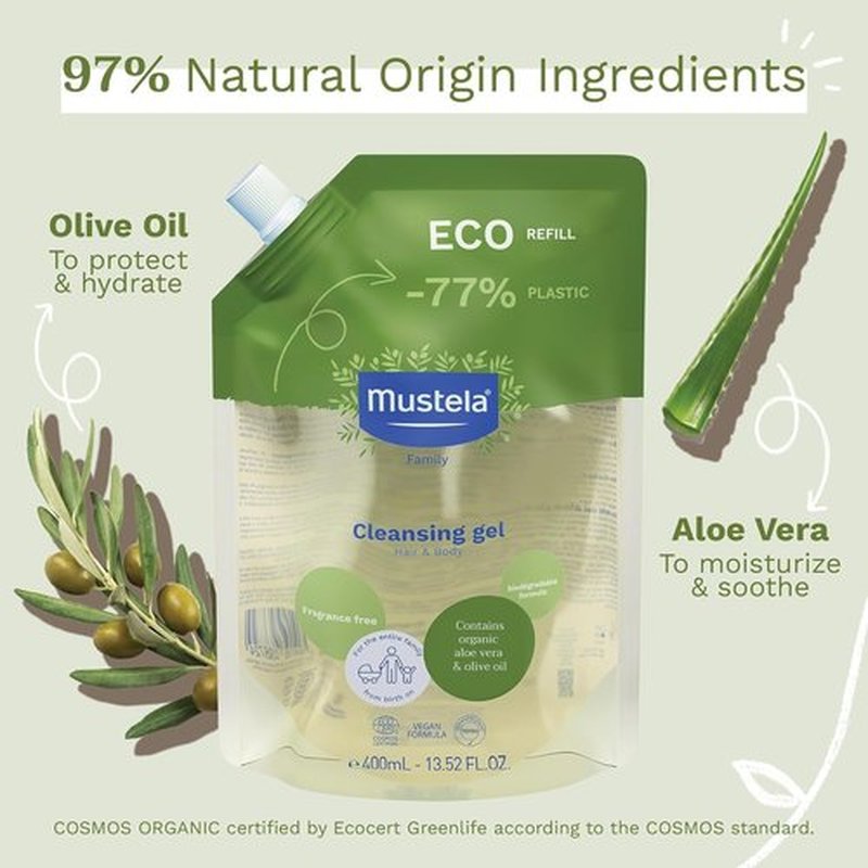 Mustela Organic Cleansing Gel | Natural Hair & Body Wash with Olive Oil & Aloe Vera - Fragrance-Free, Tear-Free, Vegan - 13.52 fl. oz.