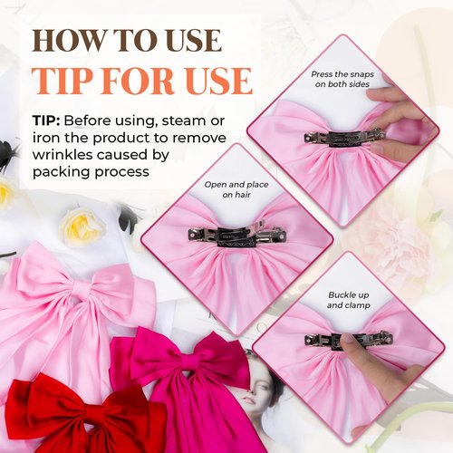 Loqpol 3 PCS Silky Satin Hair Bows, Oversized Long Tail Bows with Barrette Clips, Coquette Hair Accessories for Women and Girls (Red Hot Pink Light Pink)