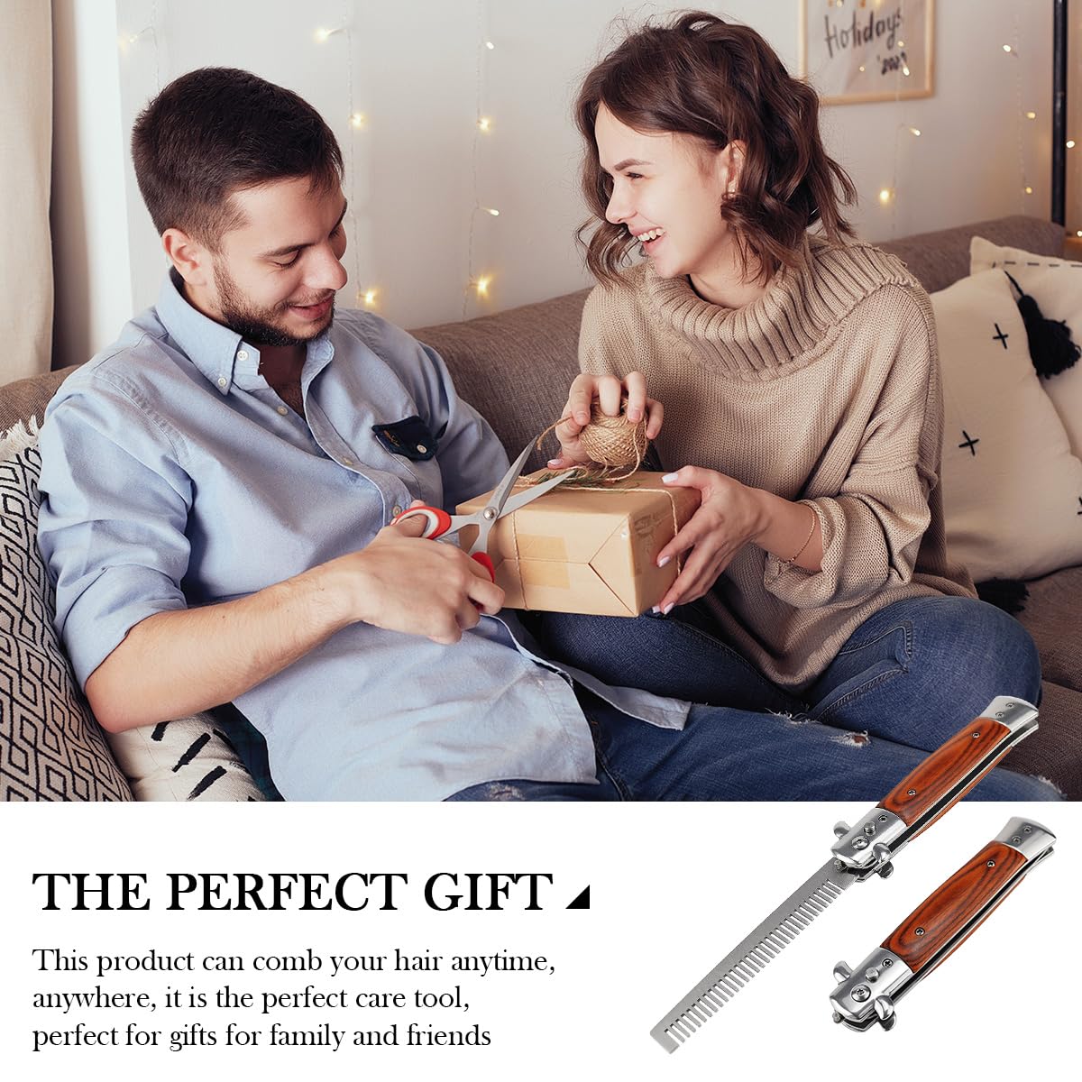 Stainless Steel Folding Comb with Wood Handle - Push Button Pocket Comb for Hair Styling