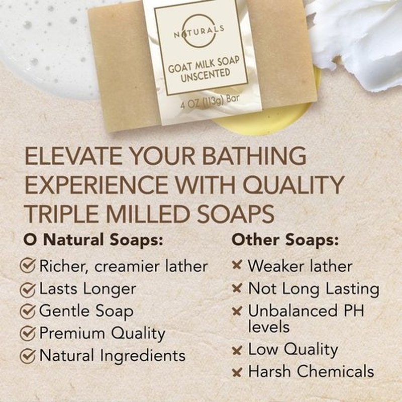 O Naturals 3-Pcs Goat Milk Soap with Soap Saver Bag - Unscented, Triple-Milled, Nourishing, for Sensitive Skin