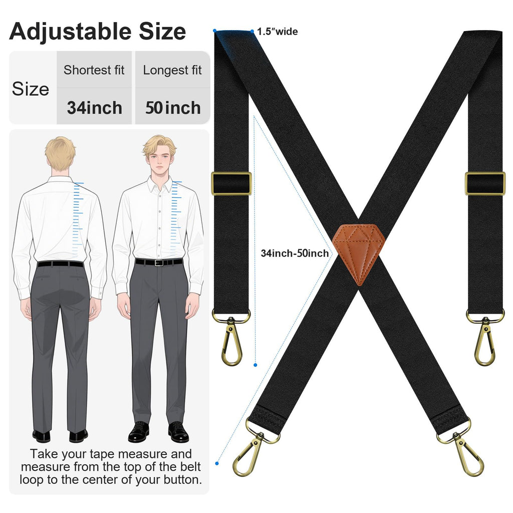 Nfijnlt Black Suspenders for Men Heavy Duty Elastic, 1.5 Inches Mens Suspenders for Jeans, Adjustable Work X-Back Men's Suspender for Dress Pants