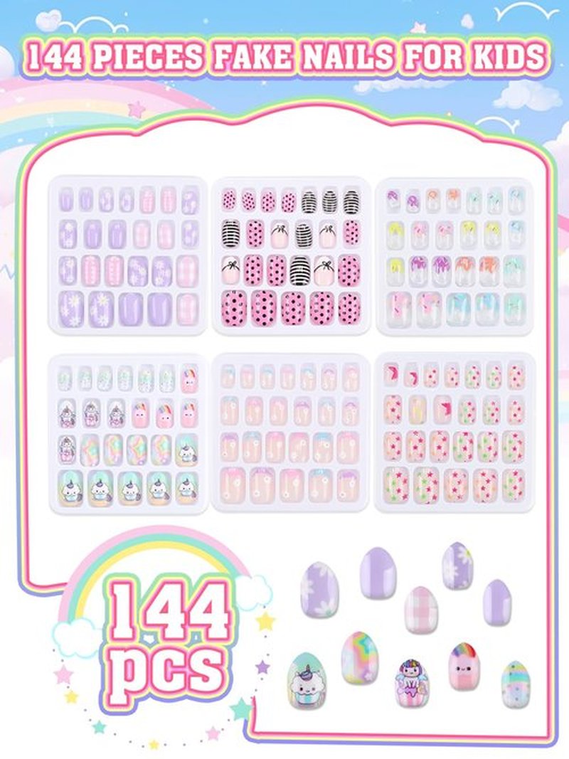 144 Pieces Press on Nails for Kids, EBANKU 6 Pack Kid Fake Nail Cute Colorful Press on Nails for Girls 7-12 Years with Pre- Adhesives
