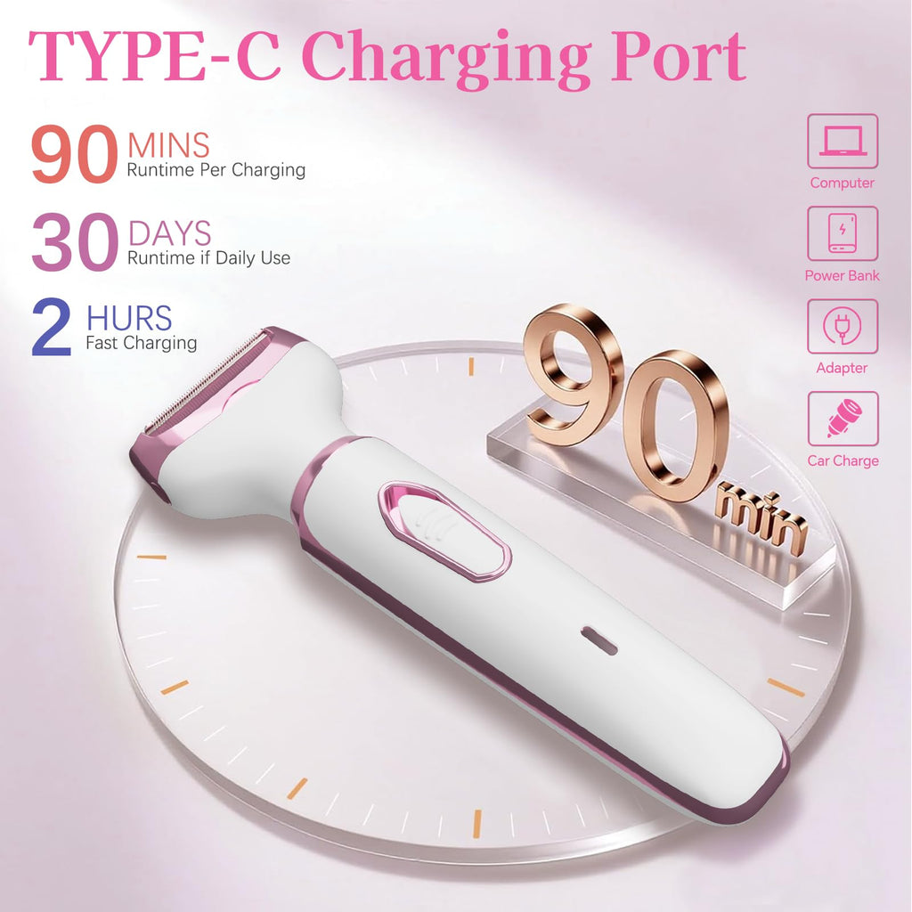 RUIM Women’s Electric Shaver 4-in-1, Painless Hair Remover for Bikini Face & Body, Cordless Wet/Dry Trimmer with Nose & Eyebrow Heads, Fast USB-C Charging, Travel-Ready Grooming Kit