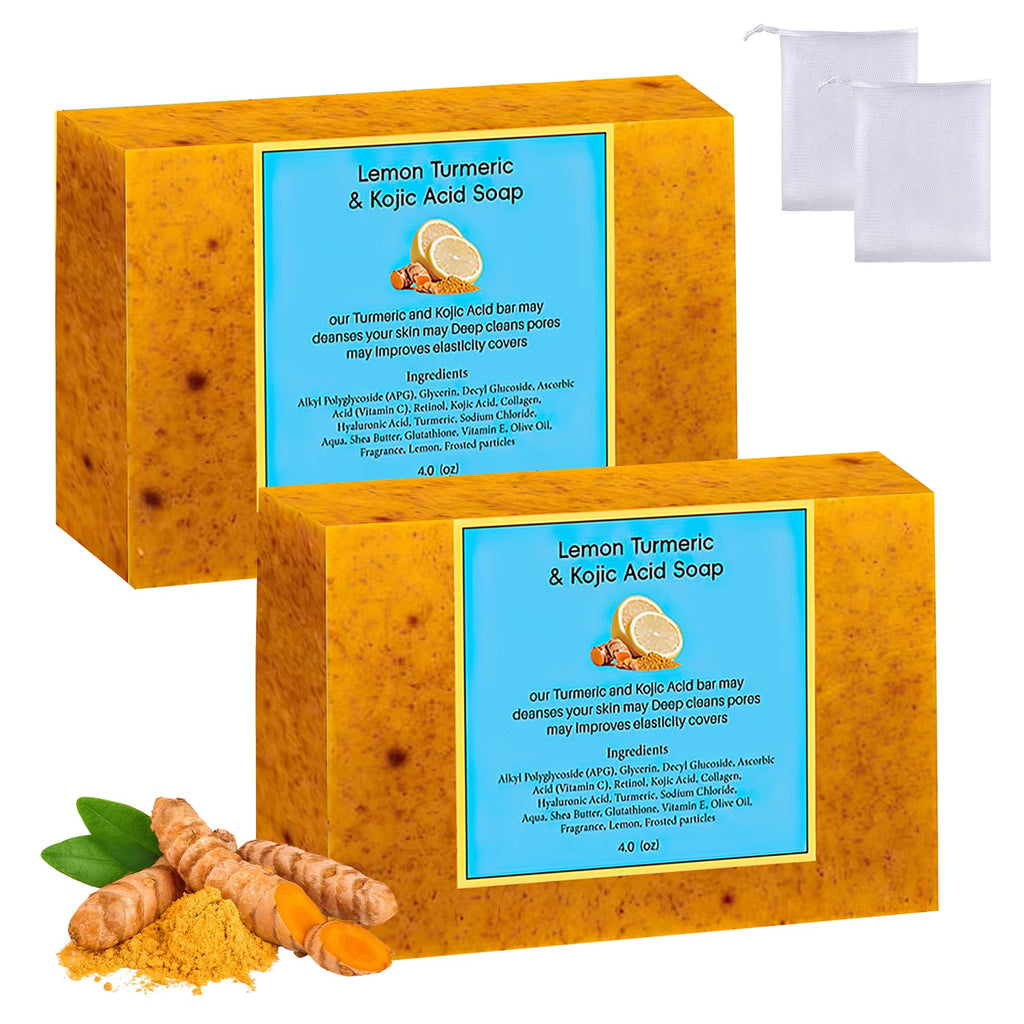 Nicgou Lemon Turmeric Kojic Soap - Turmeric Soap Bar for Face and Body, Natural Handmade Soaps Bar for All Skin Types, Daily Use Skin Care Deep Cleansing Moisturizing (2pcs)