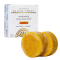 Black Shine BS Kojic and turmeric soap bar for face and body with glycerin, coconut acid, and turmeric root. Cleanses with a rich lather and leaves skin feeling soft, fresh, and comfortably clean.