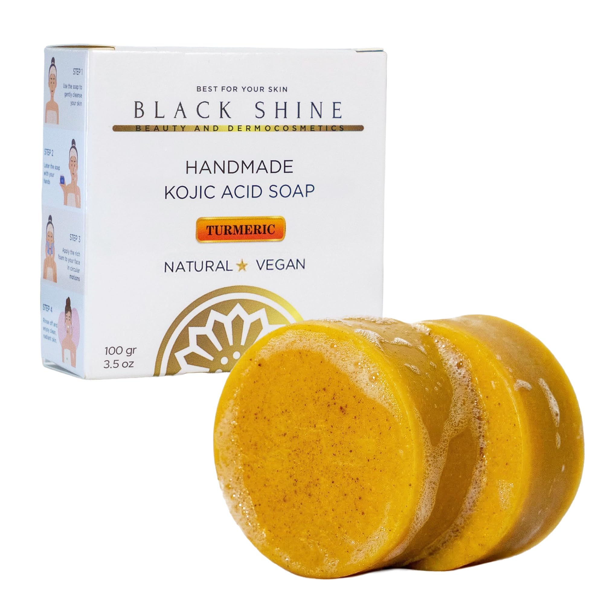 Black Shine BS Kojic and turmeric soap bar for face and body with glycerin, coconut acid, and turmeric root. Cleanses with a rich lather and leaves skin feeling soft, fresh, and comfortably clean.
