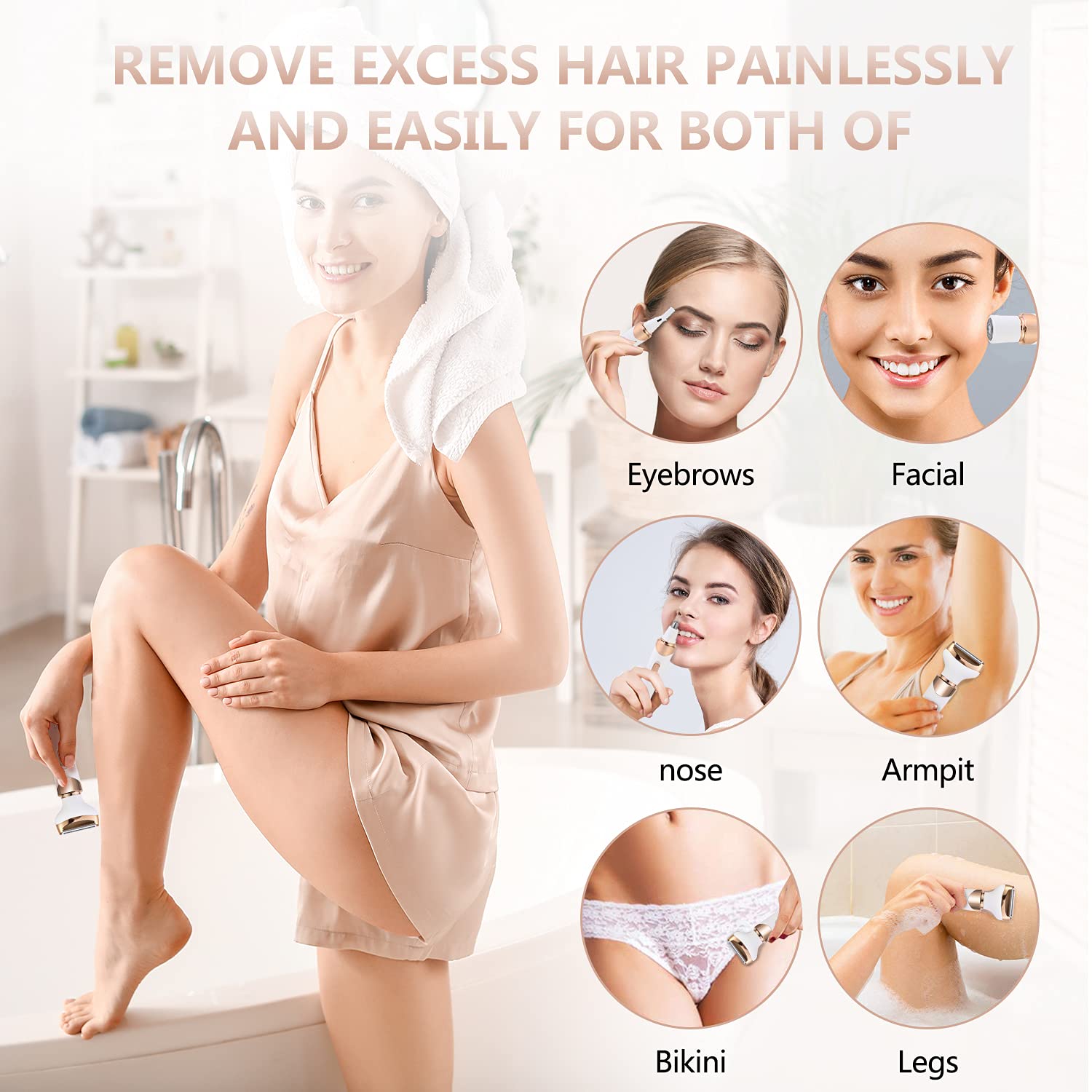 Electric Razor for Women Bikini Trimmer, MKIOVH Women's Cordless Portable 4 in 1 Painless Shaver, for face Legs Brows Nose Detachable Head USB Rechargeable Hair Trimmer