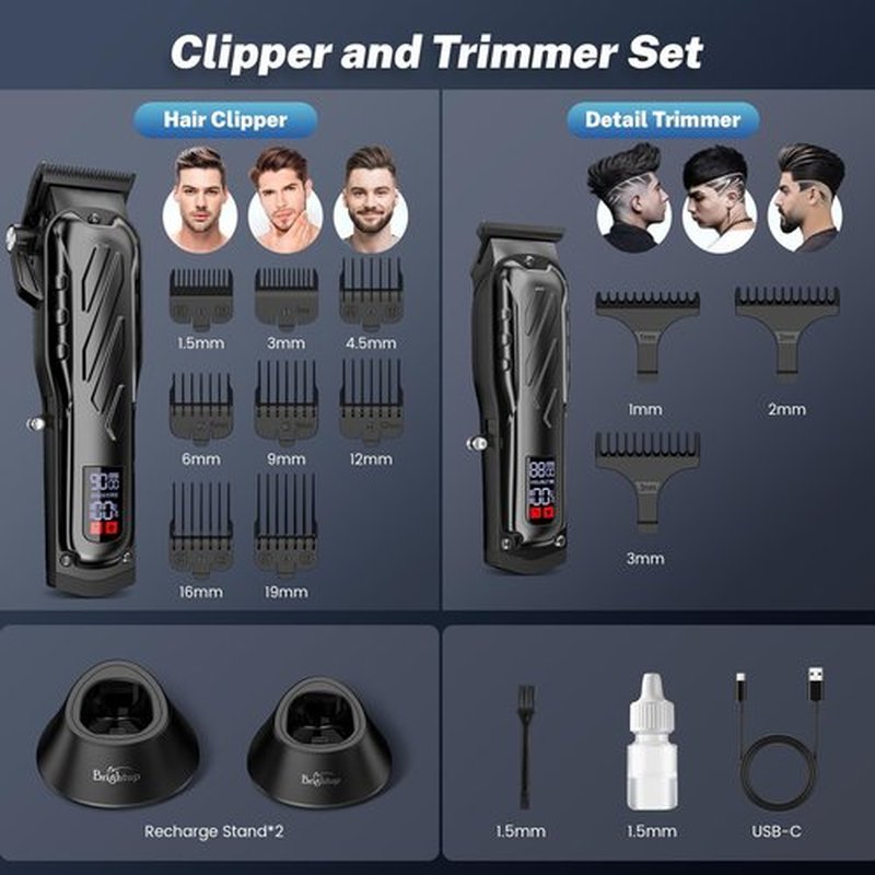 Brightup Barber Hair Clippers [Brushless 9000RPM & Cordless] for Men, Professional Clippers & Trimmers Set with USB-C Charging Stand, Hair Tools Cutting Kit with LCD Display, Gift for Men