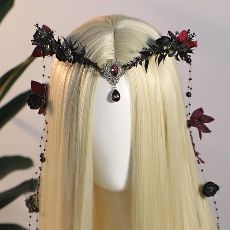 MOSTORY Black Fairy Flower Headpiece - Gothic Floral Headband Dark Elf Crown Medieval Floral Circlet for Witch Oufit Halloween Accessories Women Renaissance Faire Costume Cosplay