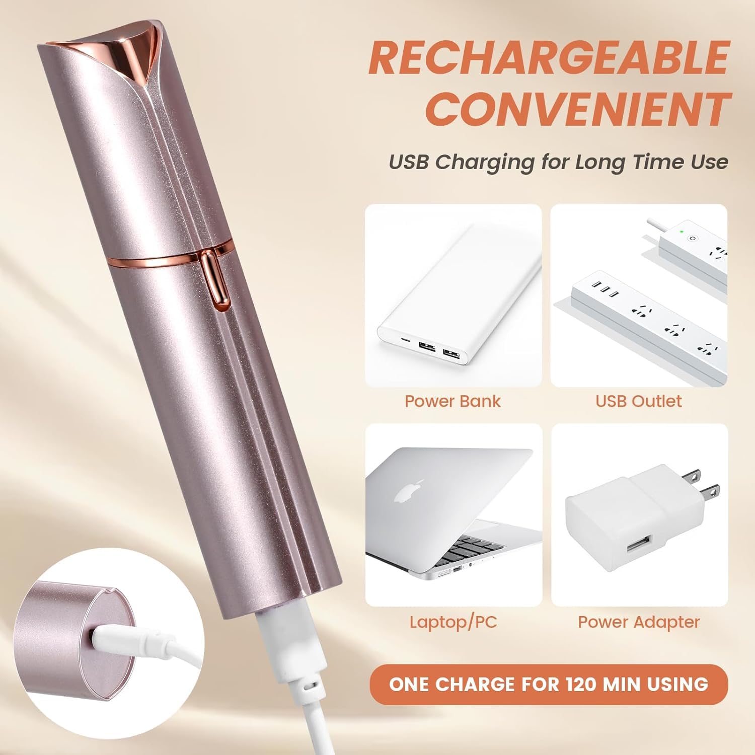 Facial Hair Removal for Women, Portable Painless Hair Remover Device, Rechargeable, with 2 Replacement Heads, for Face, Upper Lip and Chin (Rose god)