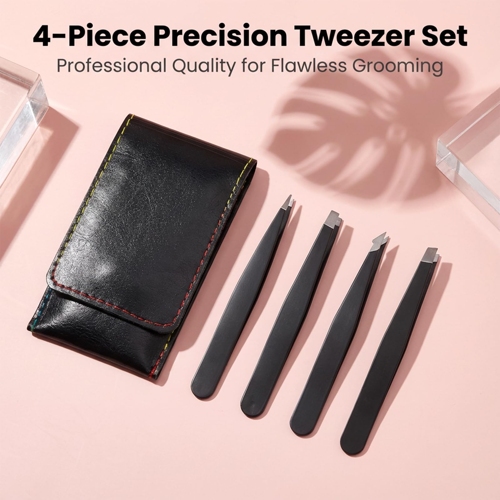 4Pcs Eyebrow Tweezer Mini Tweezer Set for Women Men Black Stainless Steel Precision Tweezers for Facial Hairs Ingrown Hair Removal