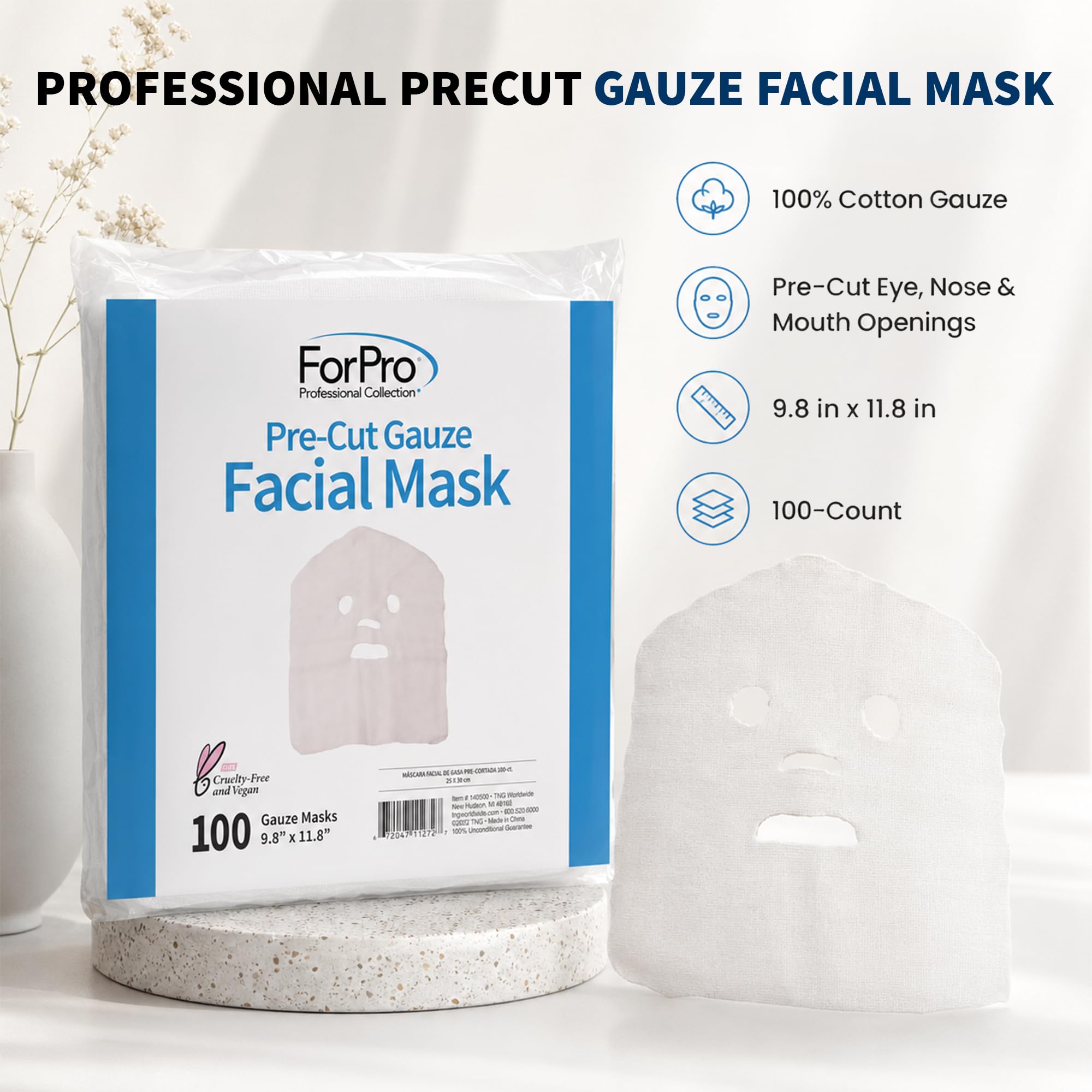 ForPro Professional Collection Precut Gauze Facial Mask, 100% Cotton Gauze, for High Frequency Facial Treatments and Masks, 100-Count