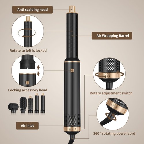 5 in 1 Hair Dryer Brush Set, Air Curler Wrap Hair Styler Blow Dryer Brush with 3 Temps, Upgrade Negative Ion Hot Air Brush Curling Brush Iron, Hair Styling Tools for Dry Curl Straighten