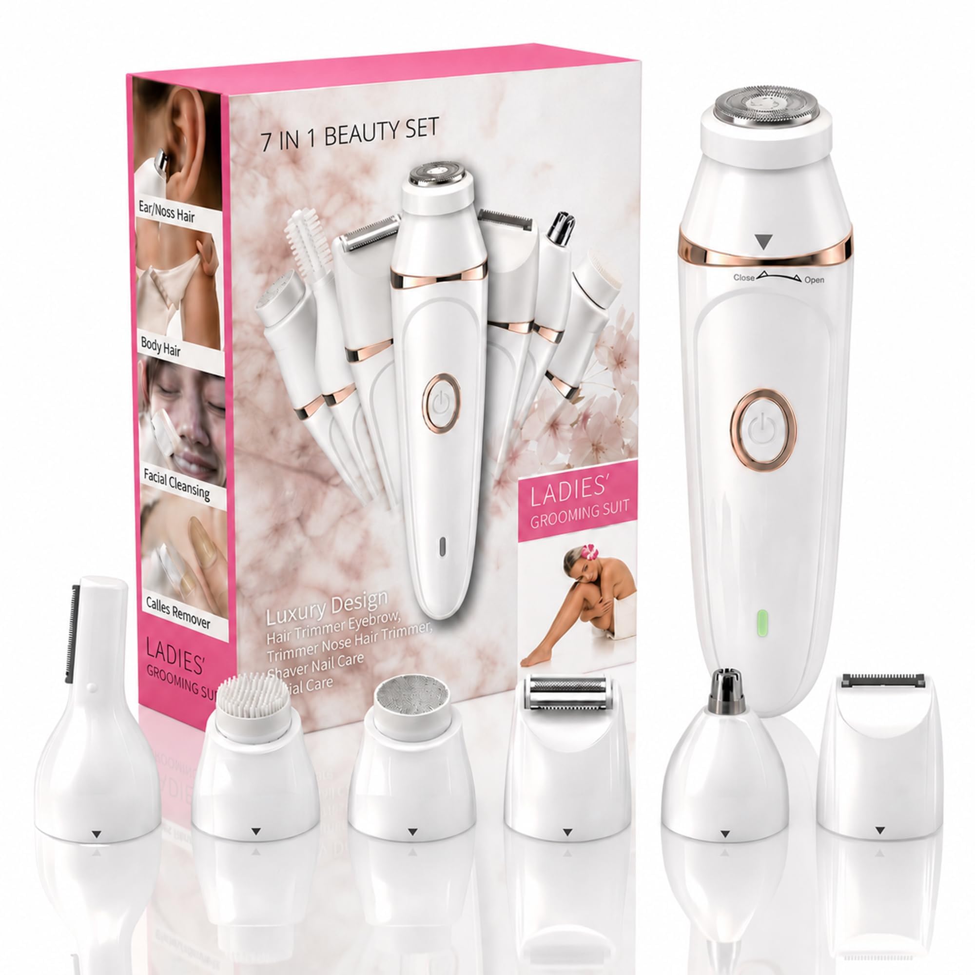 7-in-1 Electric Razors for Women,Bikini Trimmer for Women, Waterproof & USB Rechargeable with Body Hair Trimmer,Eyebrow Trimmer, Nose Hair Clipper,Callus Remover &Facial Cleansing Brush,Gifts for Lady