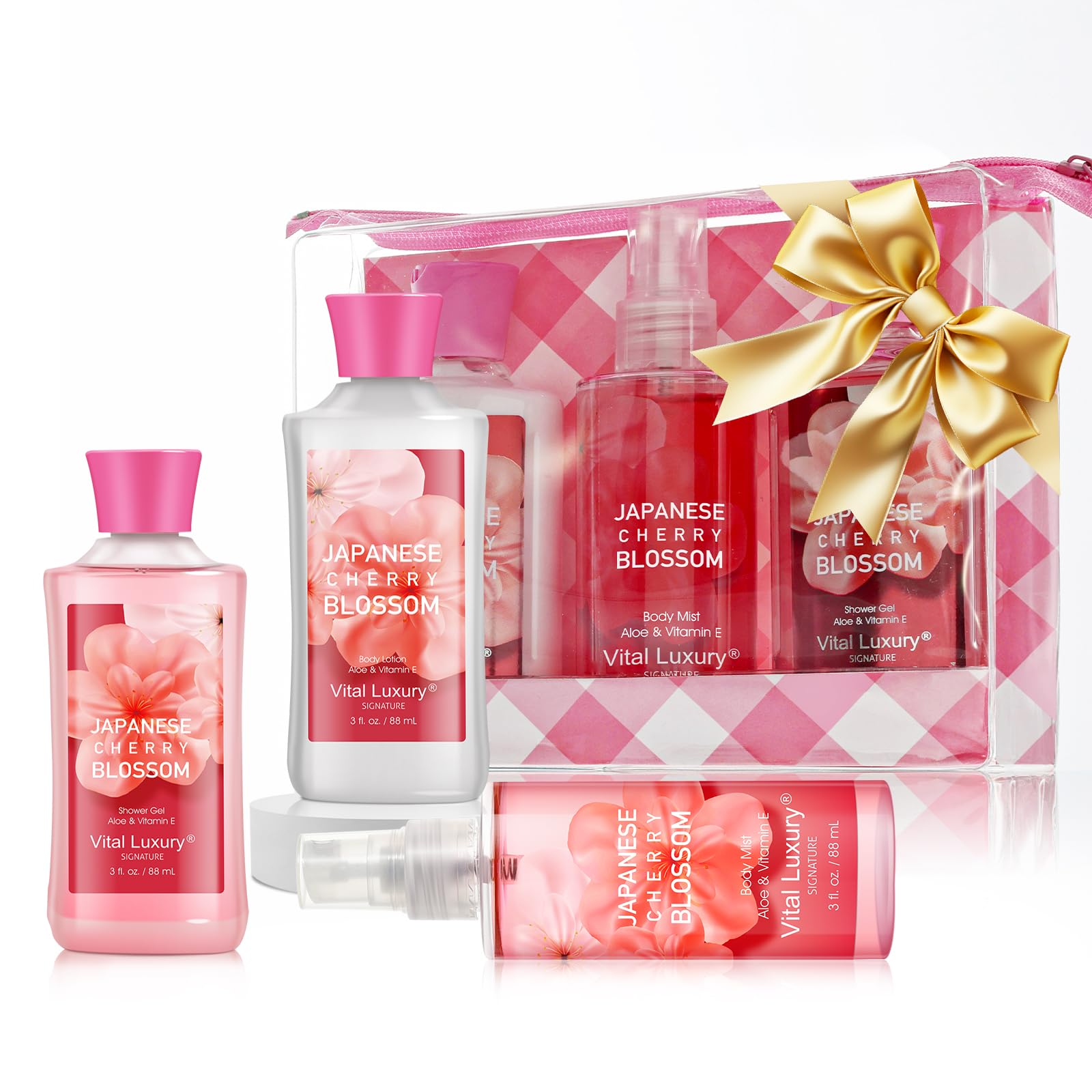 Bath and Body Gift Set – Japanese Cherry Blossom Spa Kit for Women, 3PC Travel Size Set with Shower Gel, Body Lotion, and Fragrance Mist, Body Care Set for Gifting, Bridesmaid Gifts