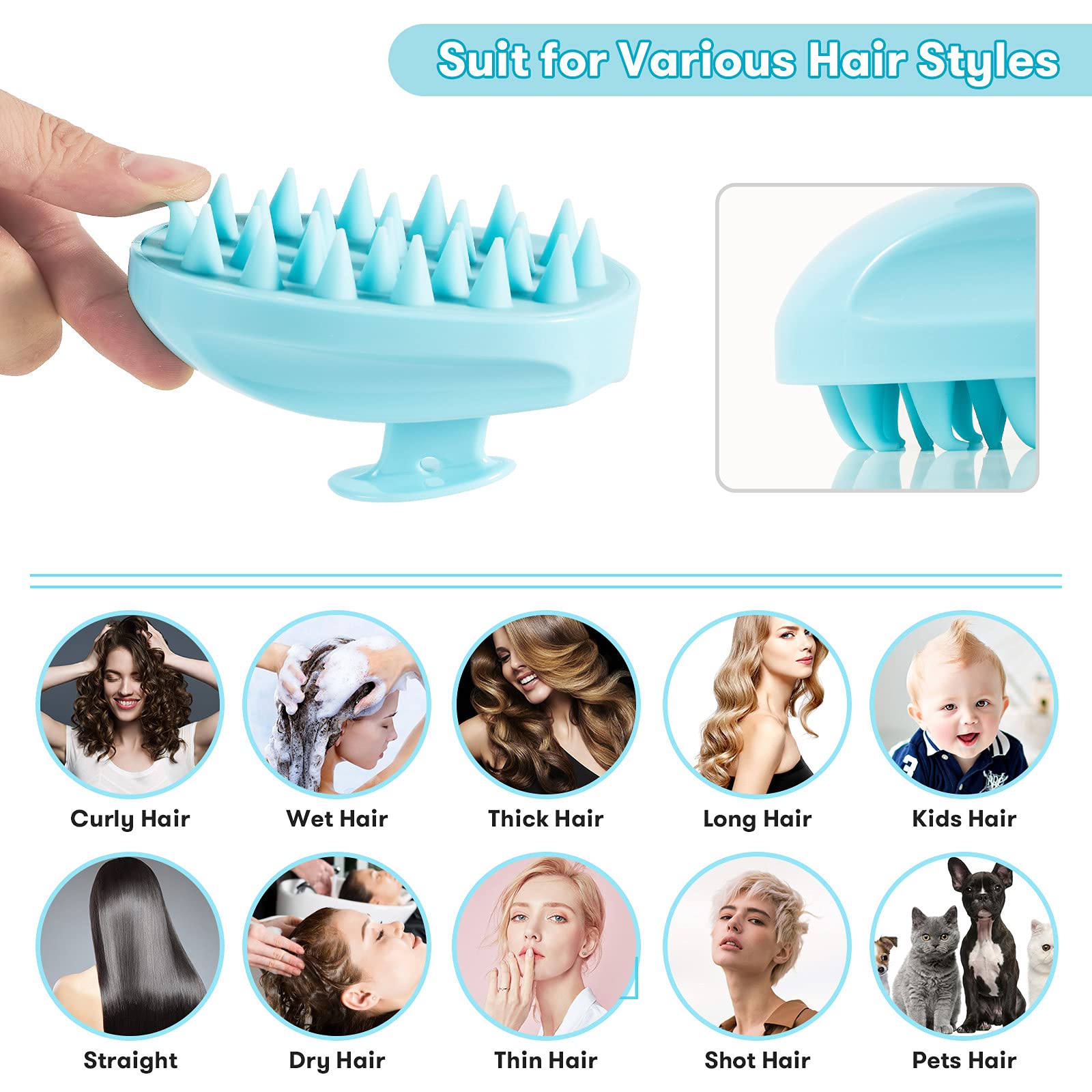 Sosoon Scalp Massager, Shampoo Brush Hair Scrub Brush for Wet and Dry Hair, Soft Silicone Bristles Head Massager Clean Hair, Reduce Dandruff, Massage Scalp, Promote Hair Growth, Blue